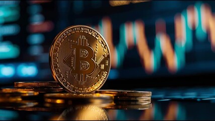 Poster - Bitcoin coin placed on a wooden table representing the physicality of cryptocurrency in a digital investment world. Bitcoin Trading Market – Animated Video Version