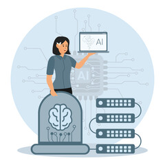 Poster - Artificial Intelligence Concept Featuring Woman, Brain Icon, and Technology Elements.
