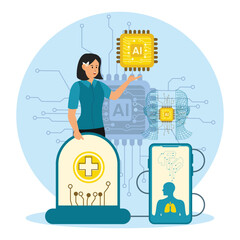 Poster - Woman Demonstrating AI Integration in Healthcare and Technology Systems.