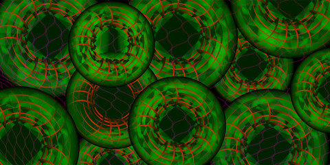 Poster - Abstract Green Rings with Red Grids on Dark Mesh