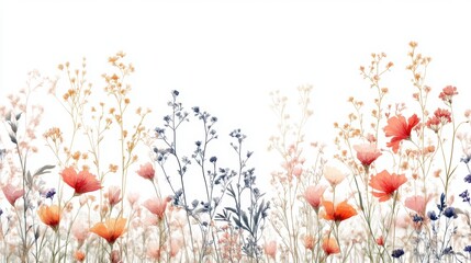 Wall Mural - Beautiful seamless floral water color pattern Set, watercolor wild flowers, leaves and grass,Collection botanic garden elements, isolated illustration in rustic or vintage style,copy space.