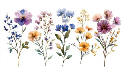 Wall Mural - Beautiful seamless floral water color pattern Set, watercolor wild flowers, leaves and grass,Collection botanic garden elements, isolated illustration in rustic or vintage style,copy space.