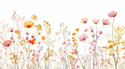 Wall Mural - Beautiful seamless floral water color pattern Set, watercolor wild flowers, leaves and grass,Collection botanic garden elements, isolated illustration in rustic or vintage style,copy space.
