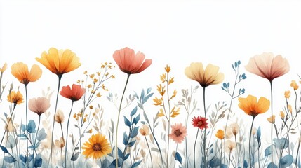 Wall Mural - Beautiful seamless floral water color pattern Set, watercolor wild flowers, leaves and grass,Collection botanic garden elements, isolated illustration in rustic or vintage style,copy space.