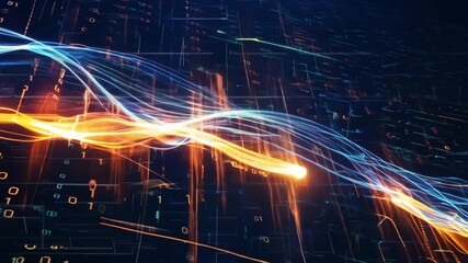 Orange and blue digital wave flowing on a futuristic dark circuit board with binary code