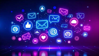 Floating neon social media and digital communication icons on black background
