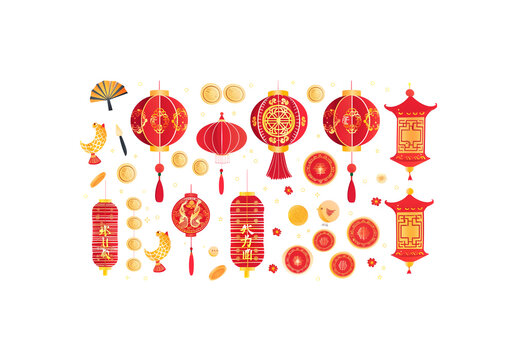 Lunar New Year decoration elements red lanterns, gold coins, fir