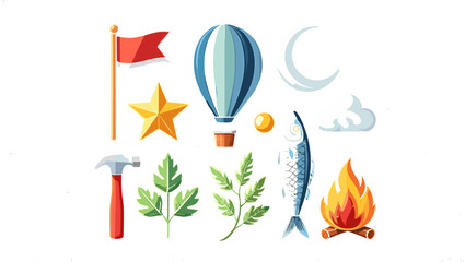 Poster - Illustration of a flag, star, hot air balloon, moon, cloud, hammer, leaves, fish and a campfire