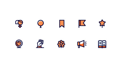 Poster - Illustration of ten diverse icons including a woman symbol, balloon, and a raised fist in a row format