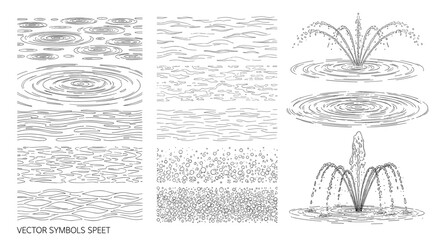 Poster - Vector symbols sheet featuring various water surface textures ripples and fountain designs in black and white