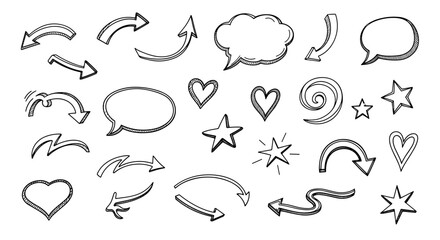 Poster - Collection of hand drawn doodle elements including arrows speech bubbles hearts and stars in black and white