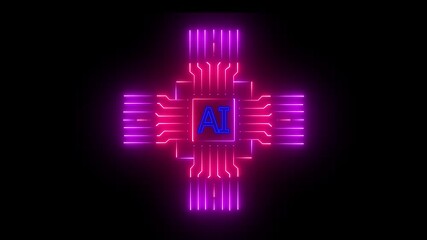Wall Mural - Futuristic ai chip with glowing circuitry in motion.Glowing neon AI circuit board background. Computer motherboard with a chip, Processor with artificial intelligence AI.Minimal chip icon with AI .4k