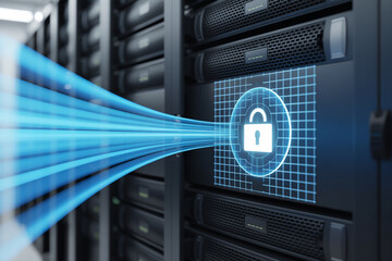 Aufkleber - Digital security data stream flowing into a locked server rack
