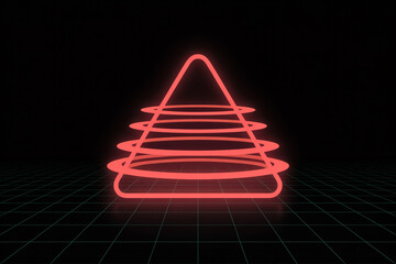 Poster - Abstract glowing red neon pyramid with concentric rings on black background