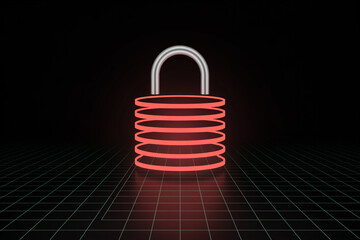 Aufkleber - Glowing red neon lock on a dark grid background representing digital security