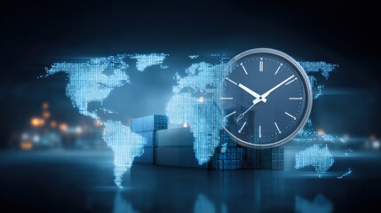 Poster - Time concept trade war with clock and cargo containers in front of digital world map showing global business and logistics