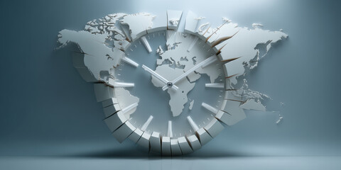 Poster - Time concept with world map clock design symbolizes global trade and war impact on international relations and economy