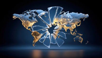 Poster - Broken glass world map with illuminated cities at night symbolizing war and trade concept in modern time