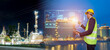 © U-STUDIOGRAPHY DD59  - Industrial engineer managing smart energy plant with touch screen interface, high-tech dashboard in refinery, digital transformation, automation, future energy infrastructure, and smart control system