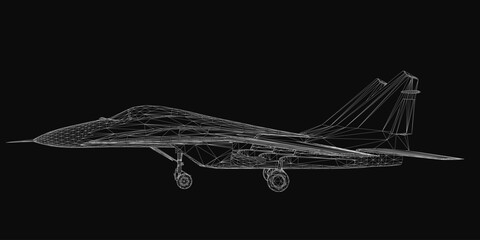 Poster - A 3D wireframe model of a combat fighter jet stands out against a black background, showcasing detailed structural lines. The sleek design highlights aerodynamic features with precision.