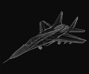 Poster - A 3D wireframe model of a combat fighter jet floats against a black background, showcasing intricate structural details. The sleek design highlights advanced aerodynamics with realistic rendering.
