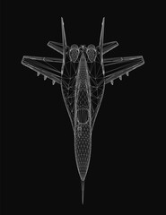 Poster - A sleek 3D wireframe model of a combat fighter jet floats against a black background. The detailed mesh structure highlights the aircraft's aerodynamic design.