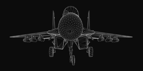 Poster - A 3D wireframe model of a combat fighter airplane, showcasing detailed structural design on a sleek black background. The aircraft features sharp angles, aerodynamic contours.