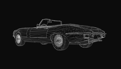 Poster - A black and white wireframe of a classic convertible car rendered in 3D on a dark background. The detailed mesh structure highlights the sleek curves and vintage design.