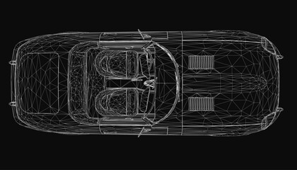 Poster - Convertible car 3D model displayed in wireframe style on a sleek black background, highlighting the detailed interior design. The transparent structure showcases seats, dashboard.