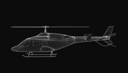 Poster - A detailed 3D wireframe model of a helicopter with intricate lines and curves, showcasing realistic design elements. The white blueprint contrasts sharply against the black background.