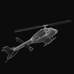 Poster - A 3D wireframe helicopter model floats against a black background, showcasing detailed geometric structure. This royalty-free ocean item features clean lines and a futuristic aesthetic.