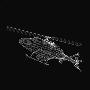 A 3D wireframe model of a helicopter stands out against a black background with realistic rendering and clean edges. The detailed mesh structure highlights the aircraft's design while the dark.