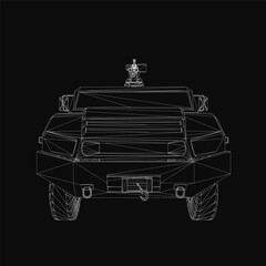 Poster - A black and white wireframe drawing of a military SUV on a dark background highlights intricate details like the headlights, grille, and wheels. The design emphasizes precision and technical accuracy.