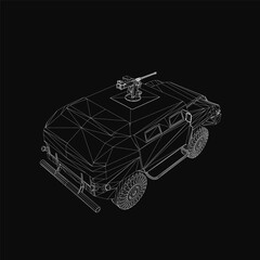 Poster - A black and white wireframe of a military SUV with detailed armor plating and angular design. The armored vehicle features clean lines and technical precision against a dark background.