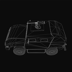 Poster - A black and white wireframe of a military SUV with detailed armor plating and angular design. The armored vehicle features clean lines and technical precision against a dark background.