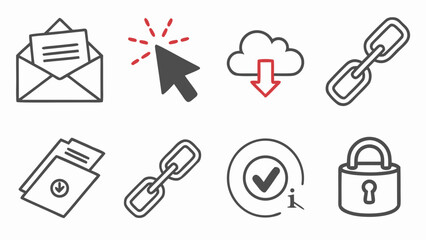 Fototapete - Collection of eight different line art icons including email cloud download and security lock symbol created with generated ai