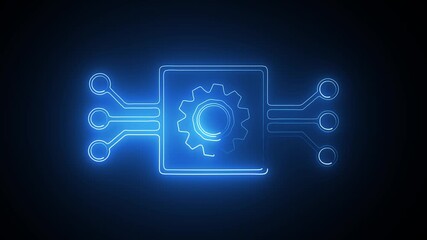 Wall Mural - neon digital System glow technology icon animation on black.glowing neon Technology data network animation black background.4k video