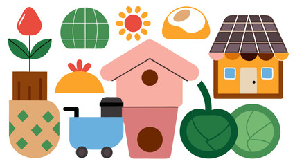 Aufkleber - Illustration of flower, globe, sun, birdhouse, shop, cart, and vegetables on a white background created with generated ai