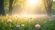 © Pro Clipart - A dreamy meadow with pink wildflowers and green grass, covered in morning mist and illuminated by golden sunbeams. A magical and peaceful spring landscape.