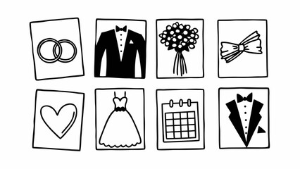 Poster - Doodle style wedding icons with rings, suit, dress, bouquet, calendar and heart in square frames created with generated ai