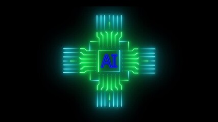 Wall Mural - Futuristic ai chip with glowing circuitry in motion.Glowing neon AI circuit board background. Computer motherboard with a chip, Processor with artificial intelligence AI.Minimal chip icon with AI .4k