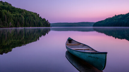 Naklejka na meble Serene canoe on a still Ontario lake at twilight. Peaceful pastel sky reflecting on calm water.