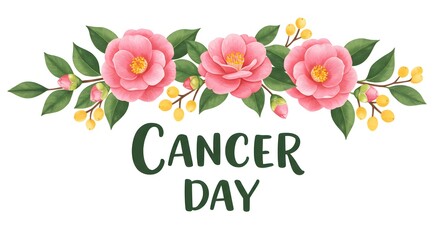  A floral watercolor illustration with pink blossoms and the words cancer day, symbolizing awareness and support for cancer patients