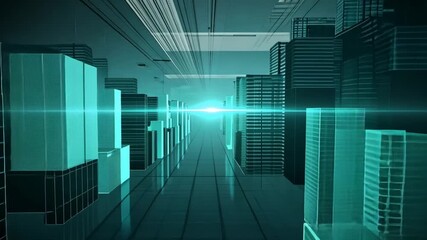Poster - Futuristic digital cityscape with neon gridlines and glowing skyscrapers