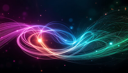 Poster - A vibrant abstract background features swirling lines of pink, blue, and green light, creating a dynamic and futuristic design with glowing particles