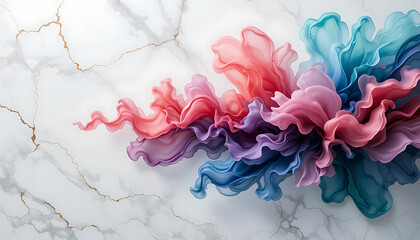 Poster - An abstract marble background features swirling patterns of pink, purple, and blue watercolor ink, creating a luxurious and elegant design with a fluid and dynamic effect