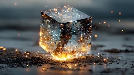 Poster - Enlightened Cube: A luminous, crystalline cube rests on a textured surface, with sparkling light emanating, casting a magical glow, symbolizing innovation and technology.