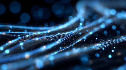 Fototapete - Digital data flow: A captivating visual representing the flow of data, with glowing blue lines and points weaving through a dark, artistic landscape.