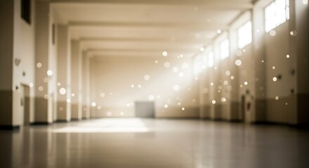 Poster - Spacious empty warehouse interior bathed in sunlight and floating particles creating an ethereal