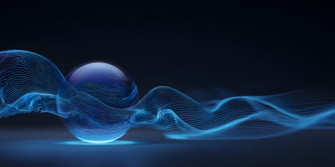 Fototapete - Abstract Digital Sphere and Wave: A futuristic digital sphere glows within an ethereal blue wave, evoking a sense of innovation, technology, and interconnectedness. The artwork features a dynamic.